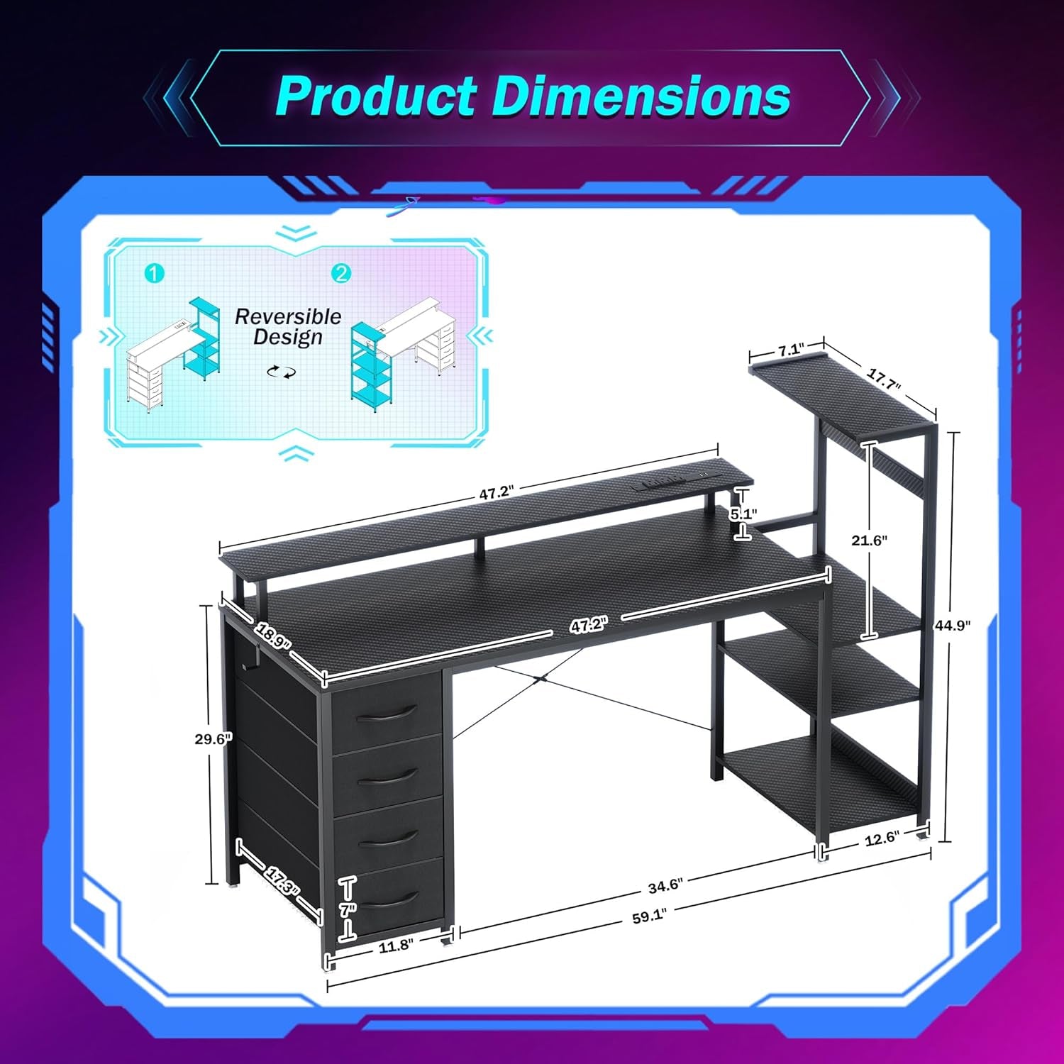 59 Inch Gaming Desk with LED Lights and Power Outlets, Computer Desk with Storage Shelves, Fabric Drawers, Monitor Stand & Side Hook, Reversible Gamer Table for Home Office, Carbon Fiber Black