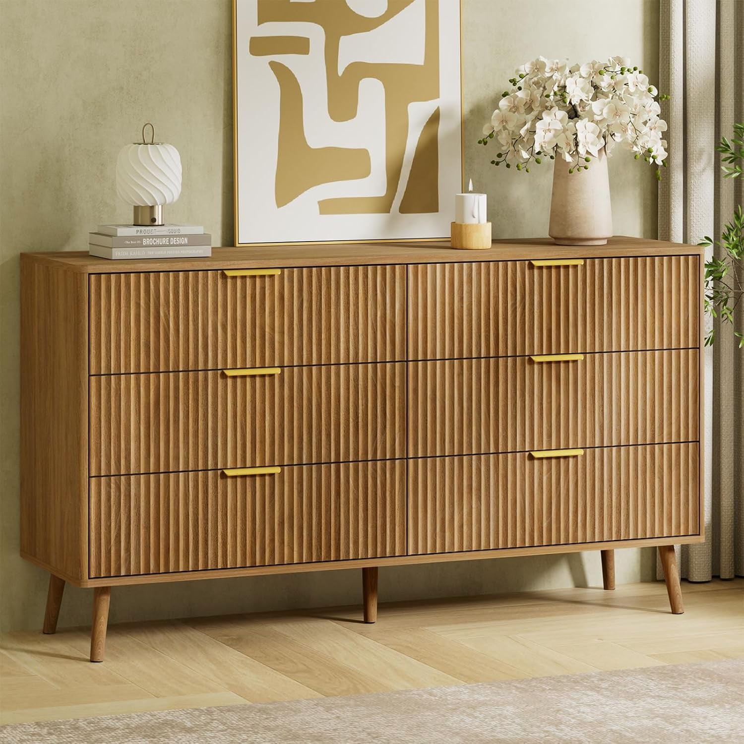 Fluted Dresser and Nightstand Set, 3 Pieces Bedroom Set, 55 Inch Wide 6-Drawer Dresser & 1-Drawer Nightstands Set of 2, Modern Dressers Set for Bedroom, Hallway, Natural Oak