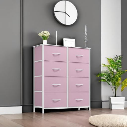 Fabric Dresser for Bedroom, Tall Storage Dresser with 8 Drawers, Black Dresser & Chest of Drawers, Storage Drawer Organizer for Closet, Bedroom, Living Room(Pink)