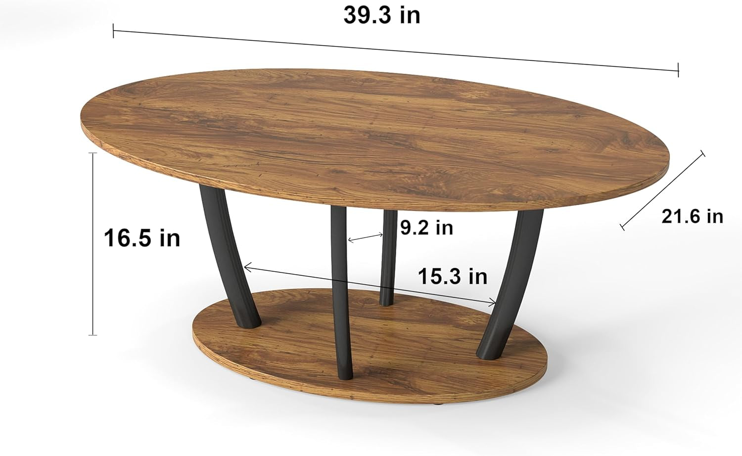 Rustic Small Oval Coffee Table for Living Room, Narrow Wood Center Table with Shelf, Retro Style Coffee Table with Curved Metal Legs, Stable and Easy Assembly, Rusric Brown