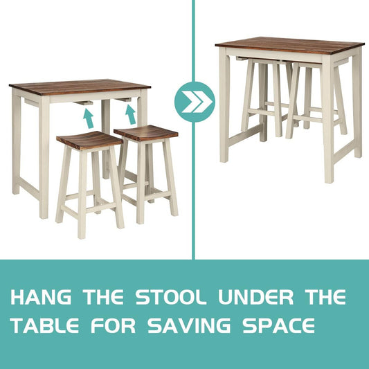 3 Piece Pub Dining Set, Counter Height Pub Table with 2 Saddle Bar Stools, Tavern Collection Table Set for Living Room, Kitchen, Small Space (Brown & Milky White)