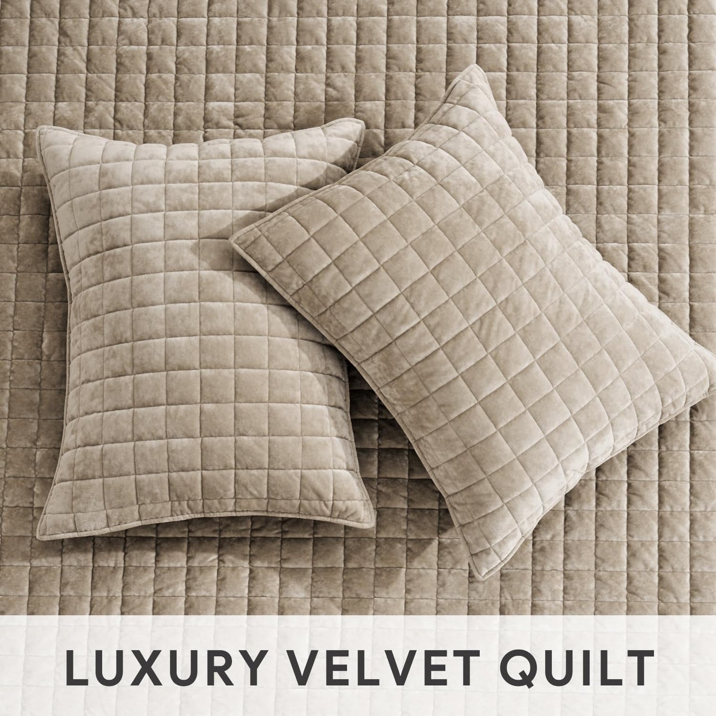 Luxury Velvet Quilt Set King Size Bedding Sets, Ultra Soft Velvet Comforter Set, Lightweight Channel Box Stitch Oversized Bedspread Coverlet for All Season, with 2 Shams, Urban Taupe
