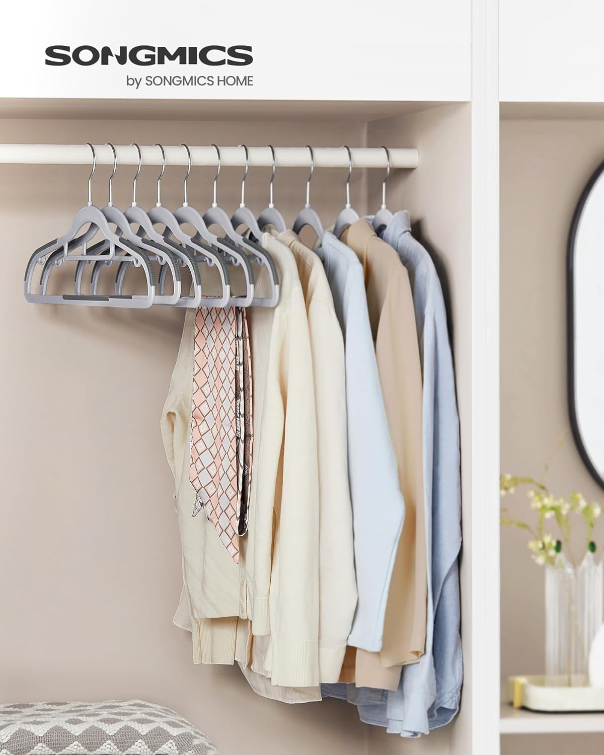 Pack of 50 Coat Hangers, Space-Saving Plastic Clothes Hangers, Non-Slip, 0.2 Inches Slim, 16.5 Inches Wide, 360° Swivel Silver Hook, Light Gray and Dark Gray UCRP20G50