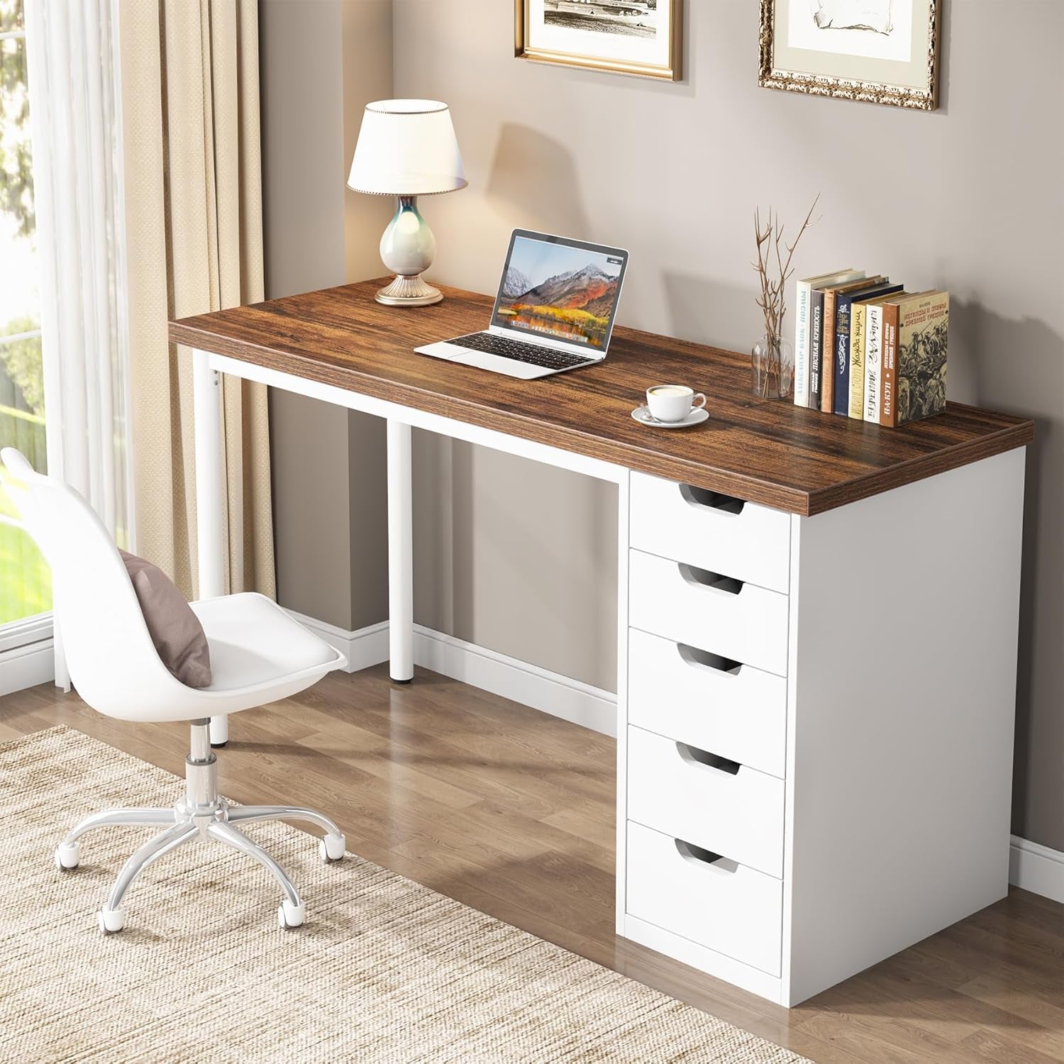 Computer Desk with 5 Drawers, 47 Inches Rustic Brown Home Office Desk with Storage, Modern Simple Laptop Desk Study Writing Table for Small Spaces (Reversible Drawer Cabinet)
