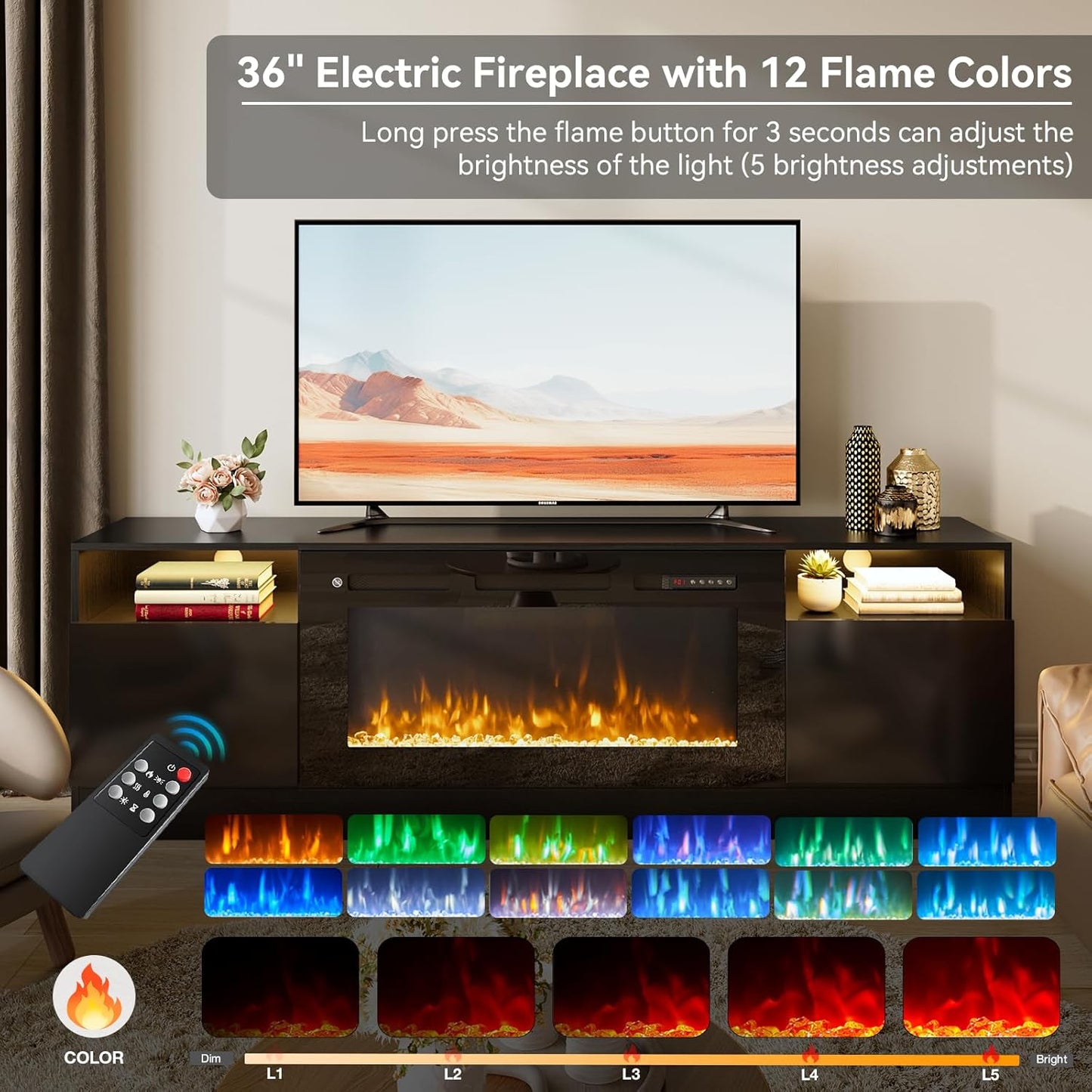 70” TV Stand with 36” Electric Fireplace, Large Modern Media Entertainment Center with Storage Cabinet and 12 Colors LED Lights for Tvs up to 80", Black TV Stand and Black Fireplace