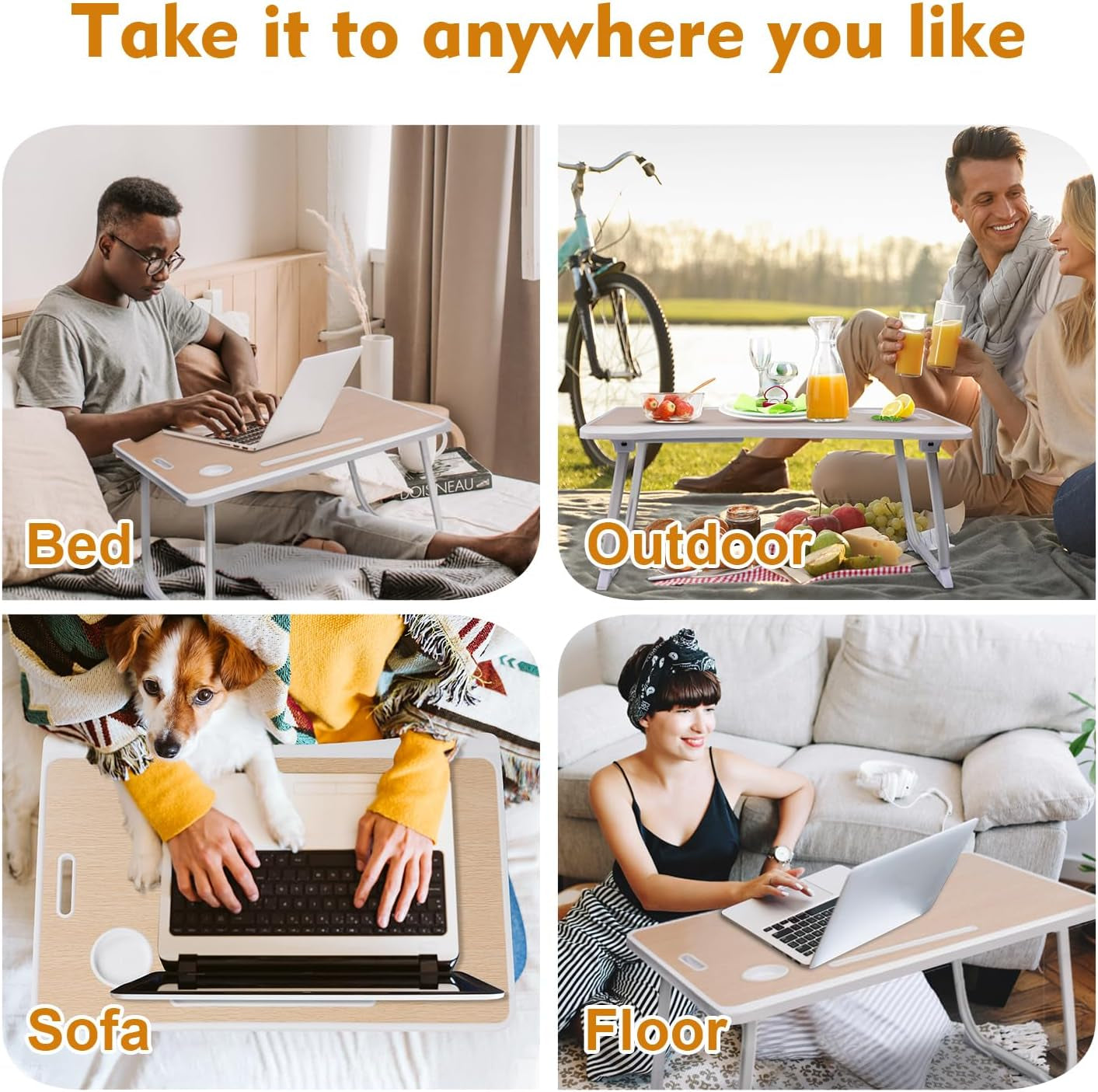 Laptop Bed Desk Tray Bed Table, Foldable Portable Lap Desk Notebook Stand Reading Holder with Storage Drawer and Cup Holder for Eating Breakfast on Bed/Couch/Sofa-White Oak