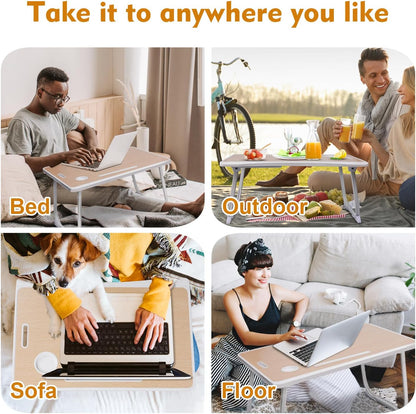 Laptop Bed Desk Tray Bed Table, Foldable Portable Lap Desk Notebook Stand Reading Holder with Storage Drawer and Cup Holder for Eating Breakfast on Bed/Couch/Sofa-White Oak