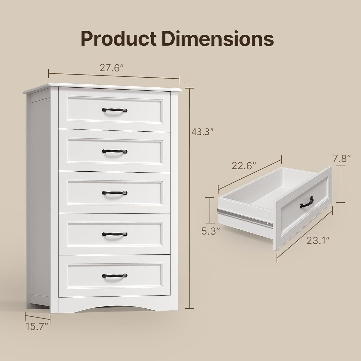 5 Drawer Dresser, White Wood Chest of Drawers for Bedroom, 43.3" Large Capacity Storage Cabinet with Anti-Tip Device, for Clothes, Living Room, Hallway, Office