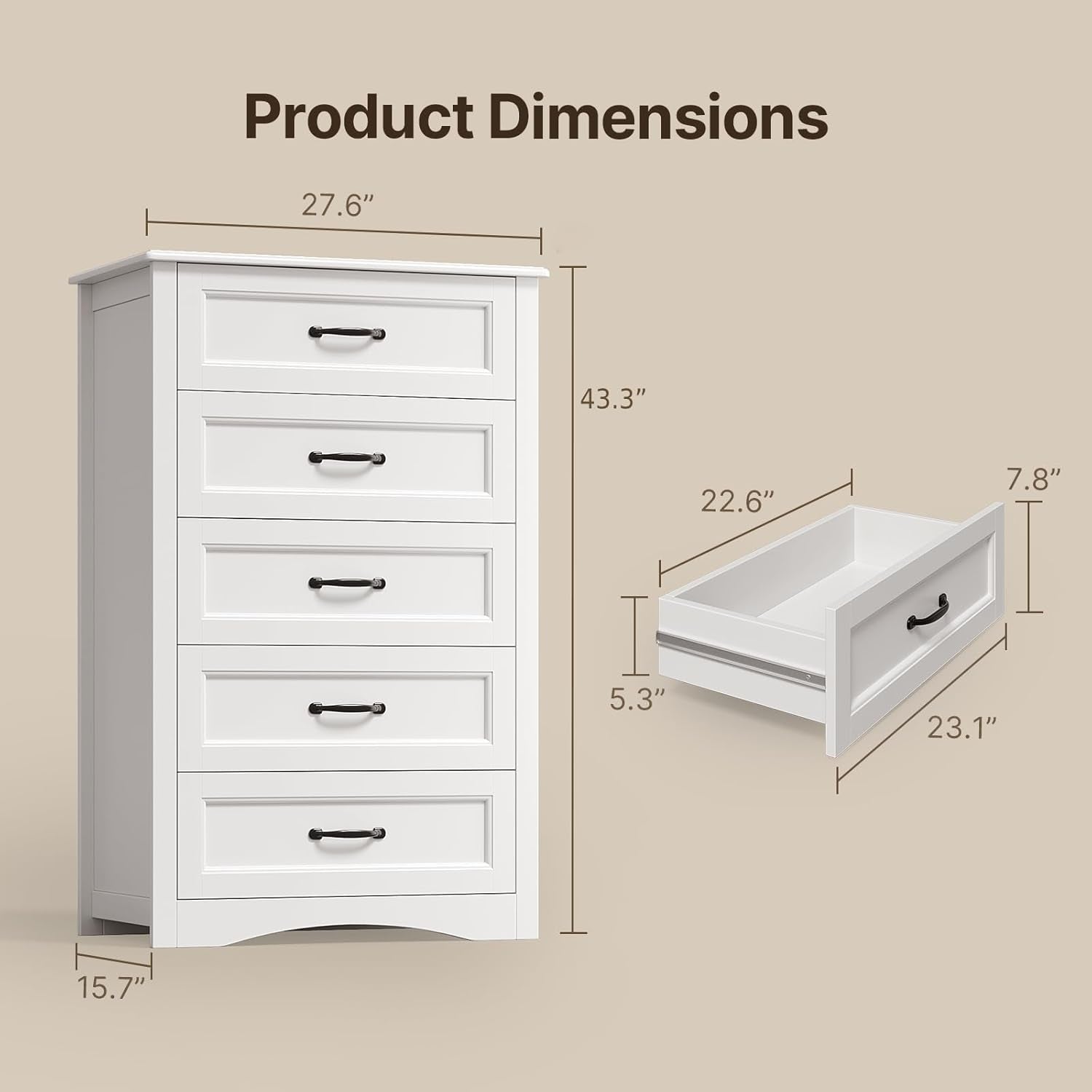 5 Drawer Dresser, White Wood Chest of Drawers for Bedroom, 43.3" Large Capacity Storage Cabinet with Anti-Tip Device, for Clothes, Living Room, Hallway, Office