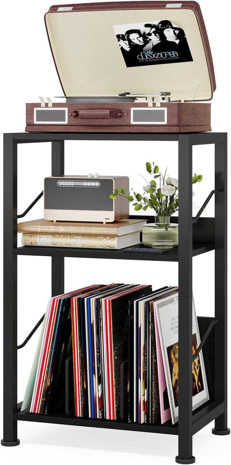 3 Tier Record Player Stand, Retro Vinyl Record Storage End Table Records for Living Room Bedroom (Black)