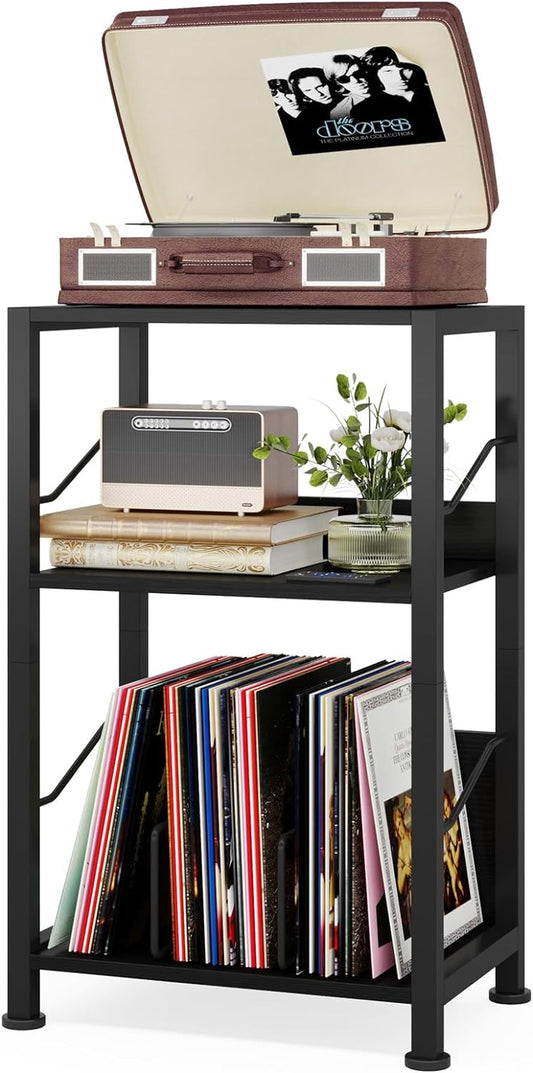 3 Tier Record Player Stand, Retro Vinyl Record Storage End Table Records for Living Room Bedroom (Black)
