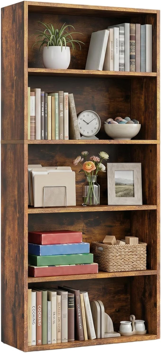 5 Tier Bookshelf, 53" Tall Open Display Bookcase with Reinforced Back & Anti-Tip Kit, Heavy Duty Wood Book Shelves for Home Office, Living Room & Bedroom, Brown