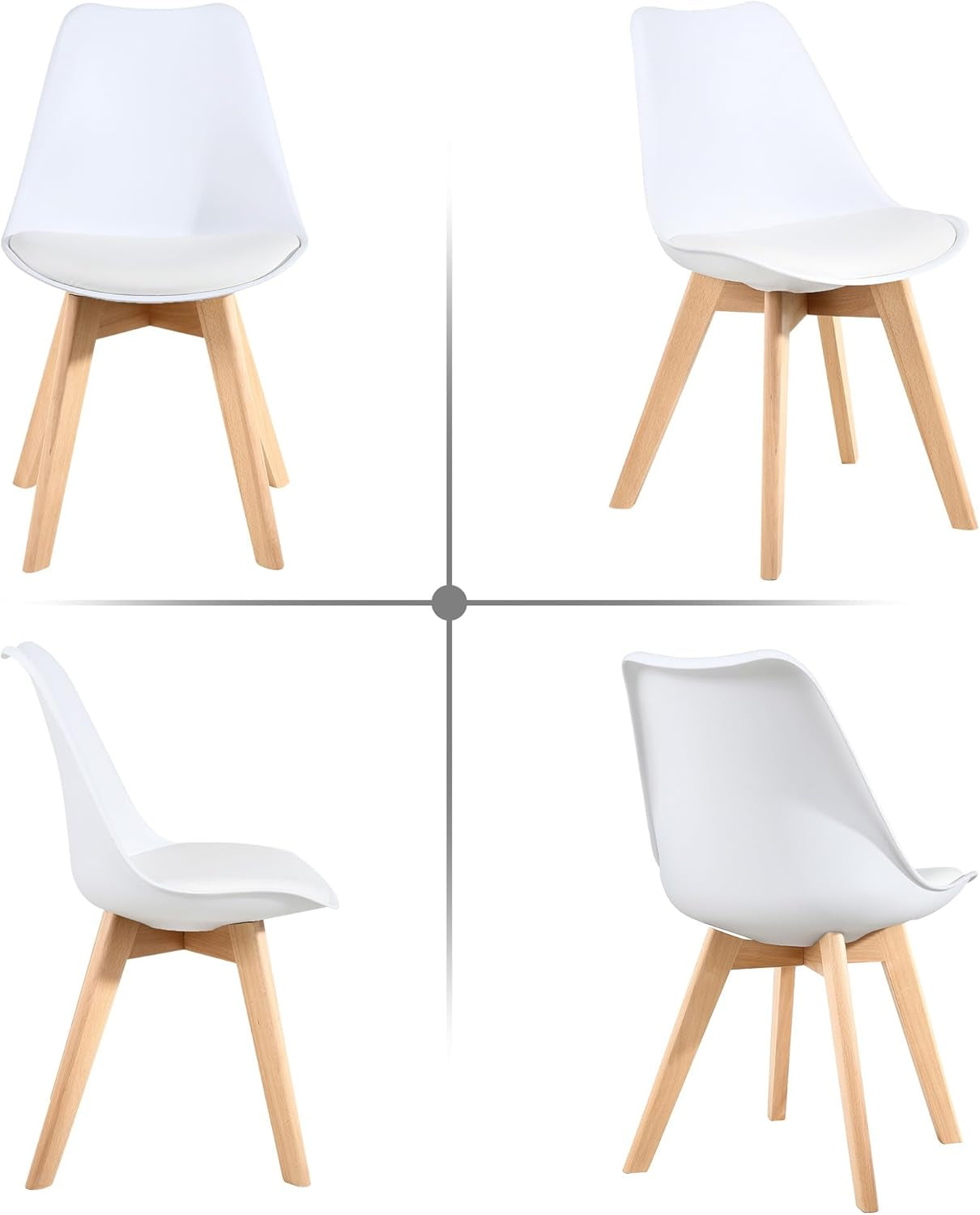 Mid Century Modern Dining Chairs,Shell Lounge Plastic Side Chair with Soft Padded and Wooden Legs for Dining Room Living Room Bedroom Kitchen Set of 2 (White)