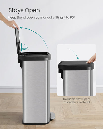 Kitchen Trash Can, 21 Gallon (80 L) Stainless Steel Garbage Can, with Stay-Open Lid and Step-On Pedal, Soft Closure, Tall, Large and Space-Saving, Silver and Black ULTB534E01