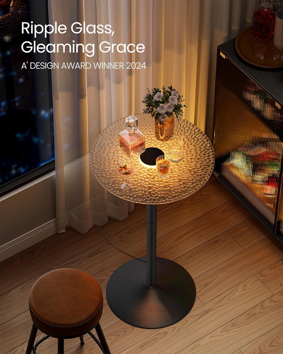round Bar Table, 41.3 Inches Tall Cocktail Pub Table with Multi-Colored Lights and Glass Top, Large Steel Base, for Kitchen, Bistro, Parties, Cloud White and Ink Black
