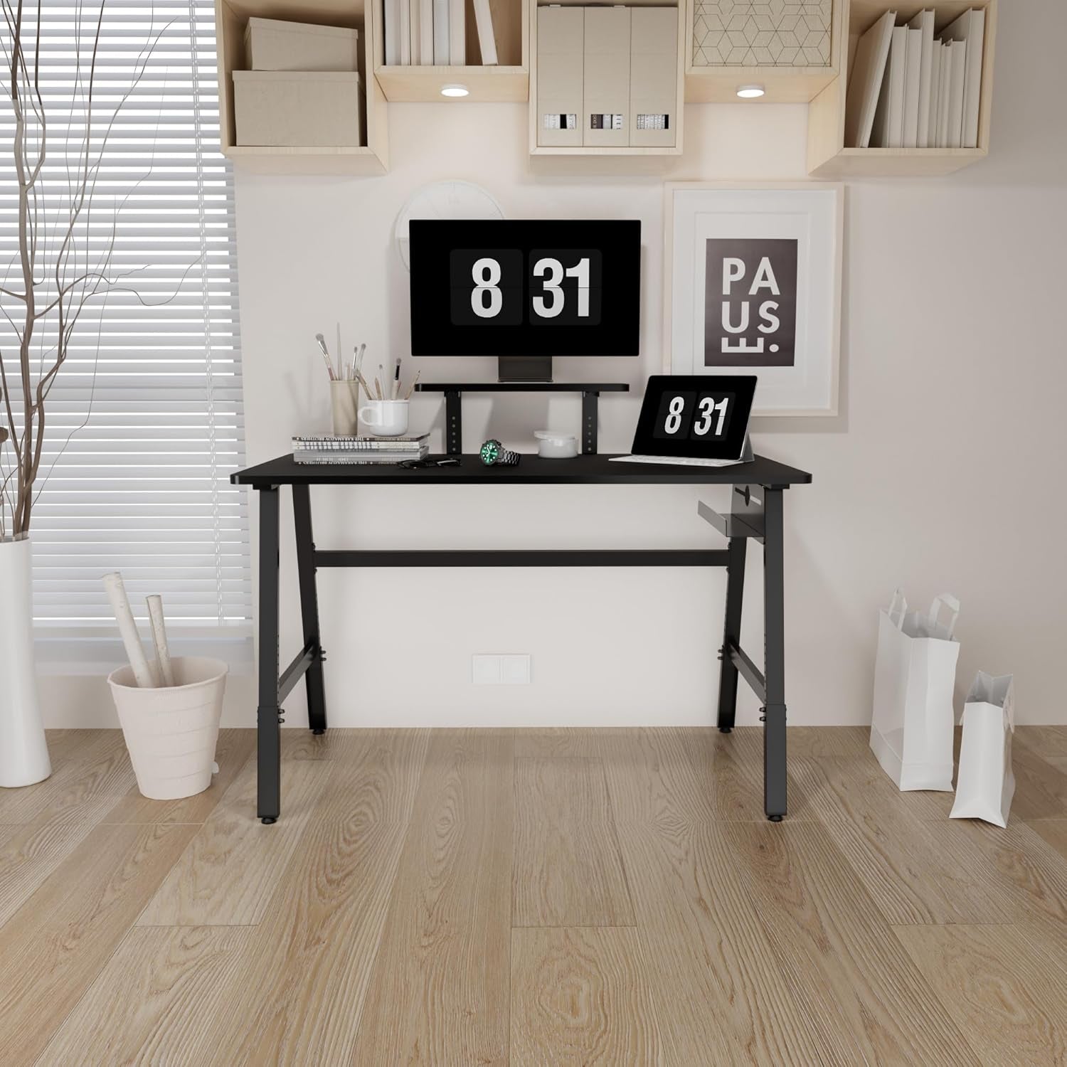 Height Adjustable Computer Desk - 47" Gaming Desk, Small Home Office Desk with Monitor Stand, Modern Simple Table Study Writing Work, Living Room Home Bedroom PC Table, Metal Frame, Black