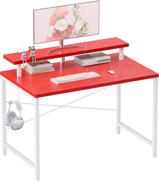 32 Inch Small Computer Desk with Monitor Stand, Simple Office Desk with Headphone Hook for Small Spaces, Kids Study Writing Table for Bedroom, Red