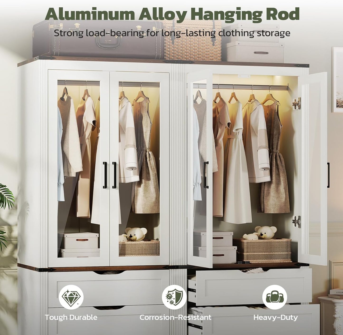 73'' Tall Farmhouse Armoire Wardrobe Closet with LED Light, Wood Wardrobe Closet with 2 Doors 3 Drawers, Freestanding Bedroom Armoire Clothing Storage Cabinet, Antique White