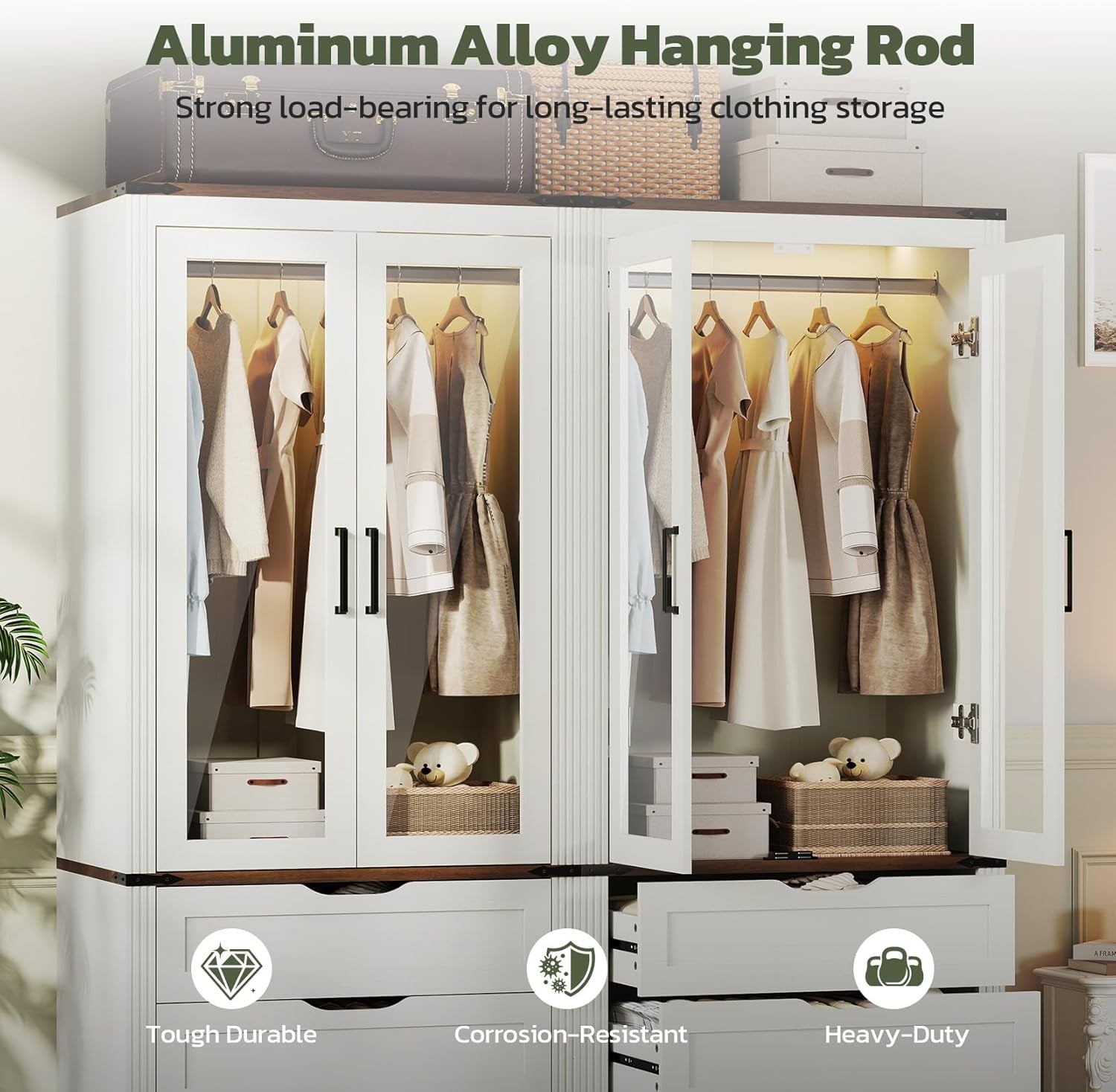 73'' Tall Farmhouse Armoire Wardrobe Closet with LED Light, Wood Wardrobe Closet with 2 Doors 3 Drawers, Freestanding Bedroom Armoire Clothing Storage Cabinet, Antique White