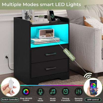 Night Stand Set of 2 with LED Lights and Charging Station, Modern Bedside End Table with 2 Fabric Storage Drawers, Black Nightstands for Bedroom