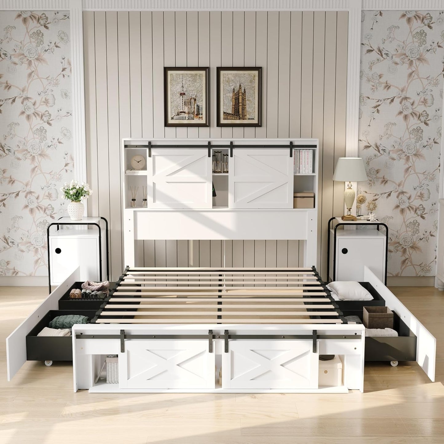 Queen Farmhouse Bed Frame with Charging Station, LED Lights, Storage Headboard & Footboard, Platform Bed Frame with 4 Rolling Drawers & Sliding Barn Door, No Box Spring Needed, White