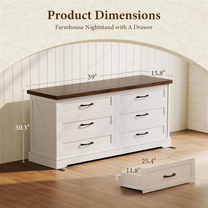 Farmhouse 6-Drawer Dresser for Bedroom, Heavy-Duty Storage Chest with Extra Thick Boards & Metal Handles, Sturdy Chest of Drawers, Anti-Tipping Safety Certified, White & Walnut