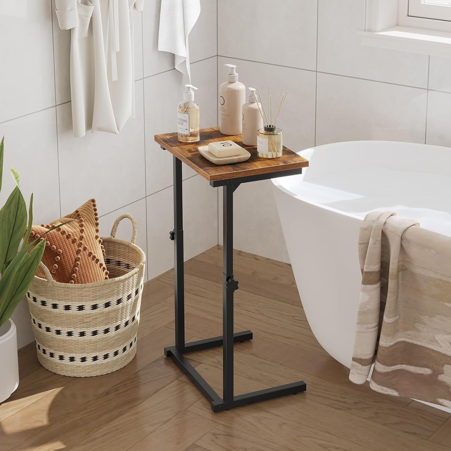 C Shaped End Table, Adjustable Height Side Table for Sofa, Couch Table for Small Space, Slide under Small Tray Side Table for Living Room, Bedroom, Rustic Brown and Black BF71SF01