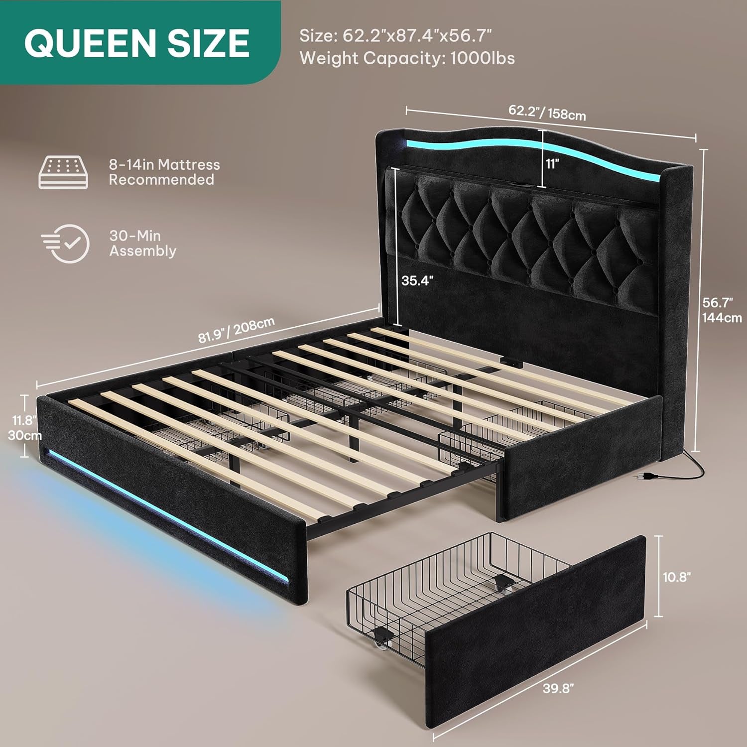 Queen Size Bed Frame with 4 Storage Drawers and RGB LED Lights, 57'' Tall Headboard Velvet Upholstered Bed with Charging Station, No Box Spring Needed, Easy Assembly, Noise-Free, Black