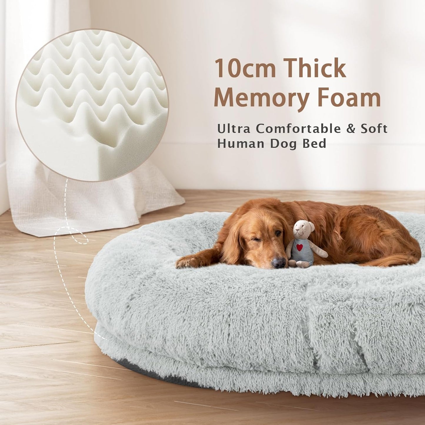 Human Dog Bed, 71''X45''X12'' Size Fits Adult and Pet Washable Giant People Bed 10 CM Thick Memory Foam Large Oversize Pet Bed with Plump Pillow, Blanket, Strap - Grey
