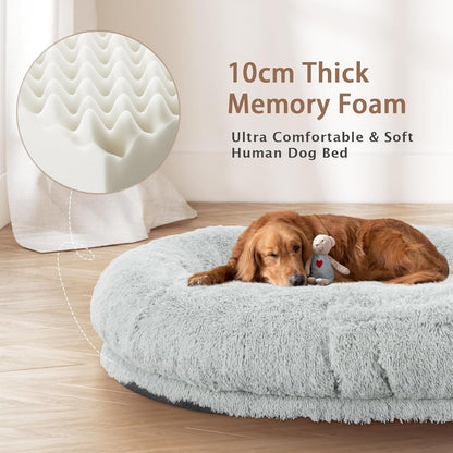 Human Dog Bed, 71''X45''X12'' Size Fits Adult and Pet Washable Giant People Bed 10 CM Thick Memory Foam Large Oversize Pet Bed with Plump Pillow, Blanket, Strap - Grey