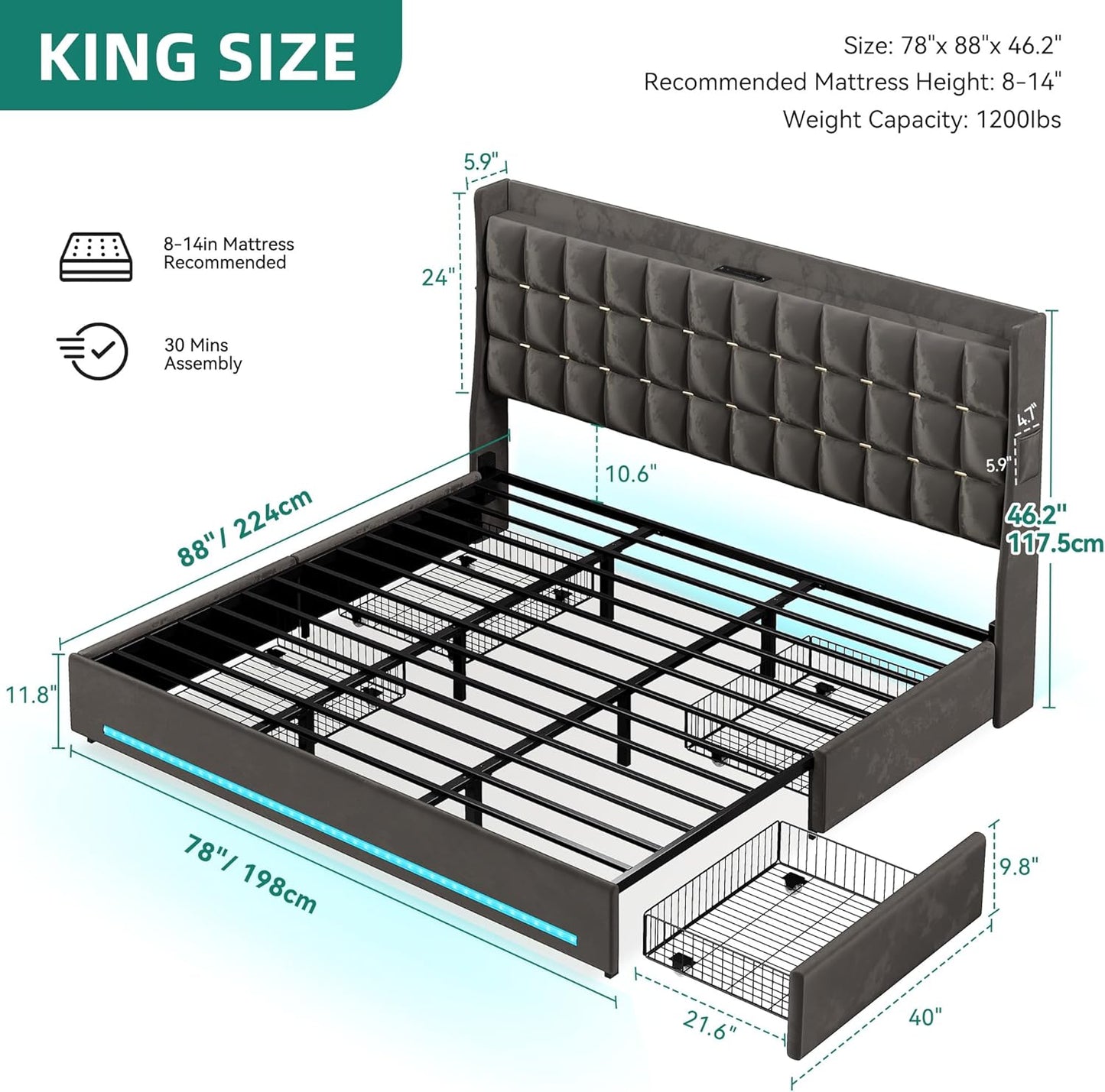 King Size Bed Frame with 4 Drawers and RGB LED Lights, Velvet Upholstered Platform Bed with Charging Station and Storage Headboard, No Box Spring Needed, Easy Assembly, Noise-Free, Grey