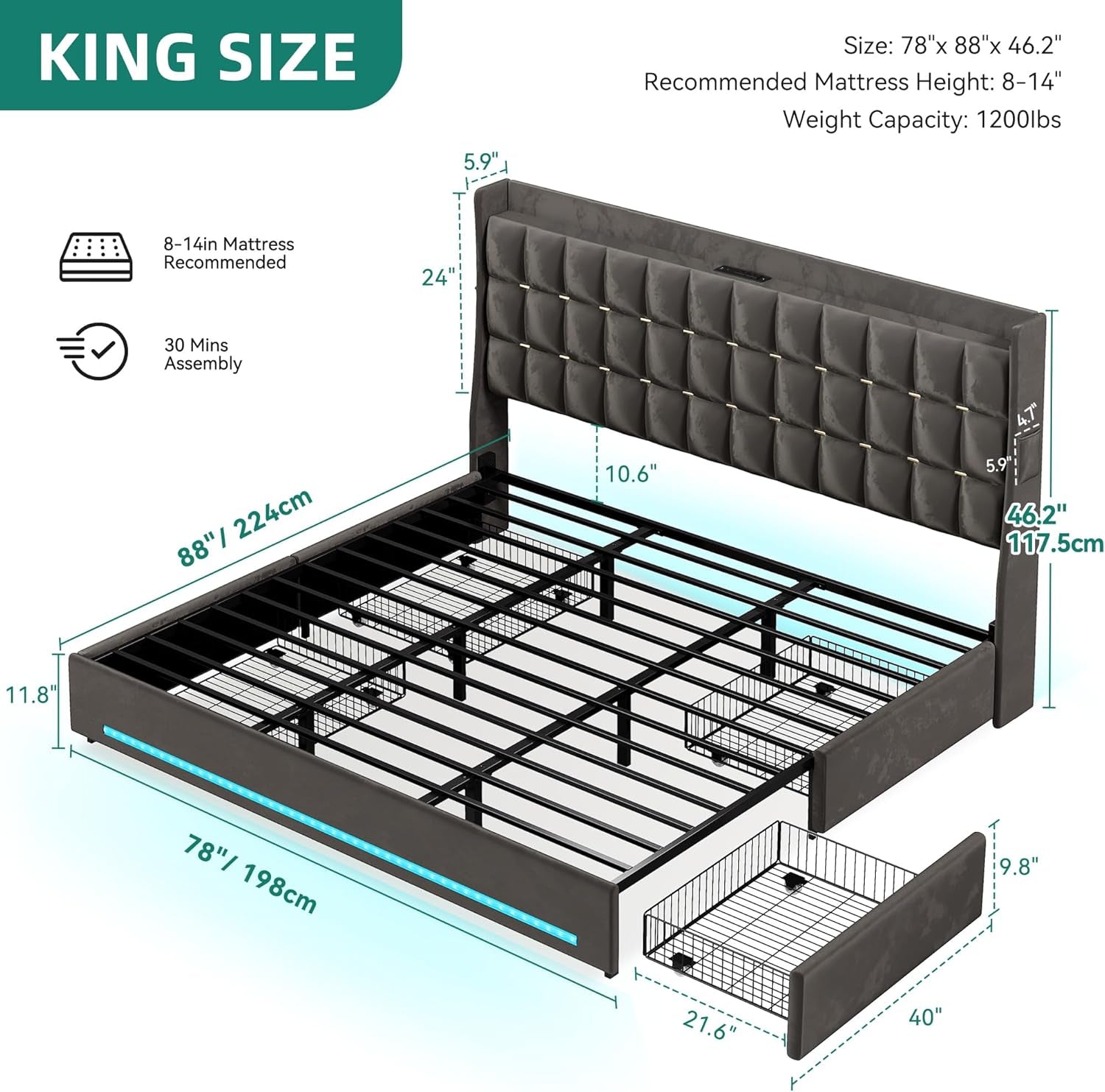 King Size Bed Frame with 4 Drawers and RGB LED Lights, Velvet Upholstered Platform Bed with Charging Station and Storage Headboard, No Box Spring Needed, Easy Assembly, Noise-Free, Grey