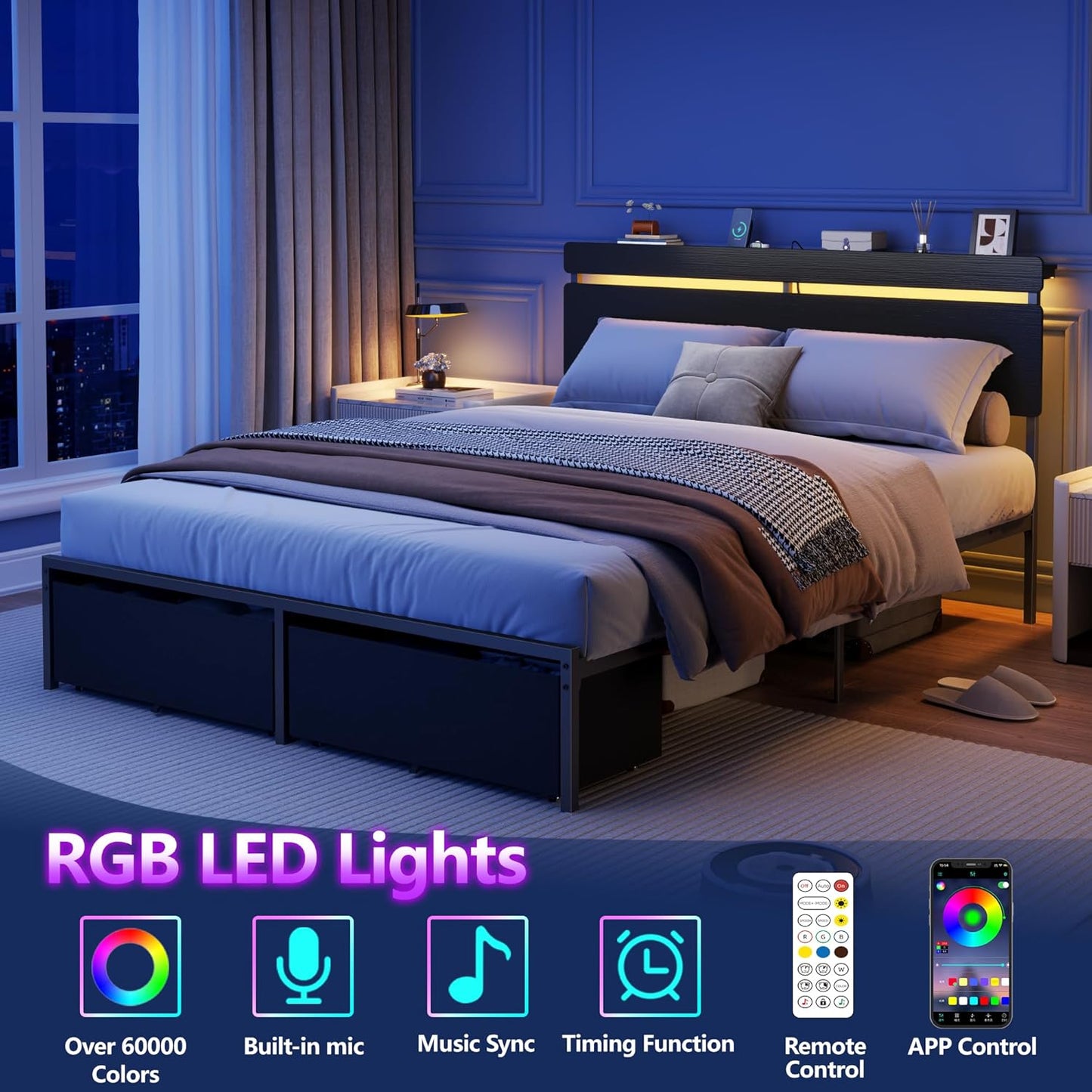 Queen Bed Frame with Wood Headboard, Black Platform Bed with 2 Storage Drawers & Shelf, Built-In Charging Station & LED Lights, Metal Support, No Box Spring Needed, Cama Queen Size