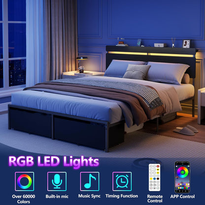 Queen Bed Frame with Wood Headboard, Black Platform Bed with 2 Storage Drawers & Shelf, Built-In Charging Station & LED Lights, Metal Support, No Box Spring Needed, Cama Queen Size