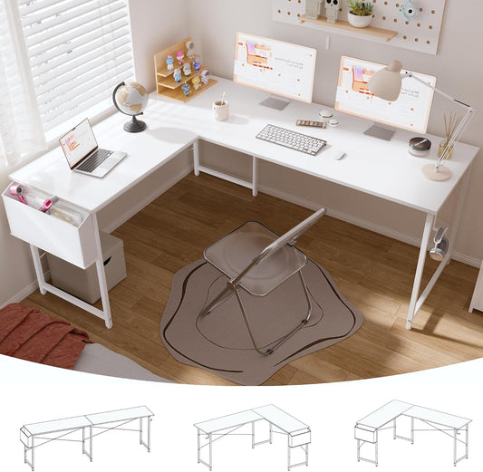 64.5 Inch Reversible L Shaped Gaming Desk Large Corner Computer Desk with Storage Bag Home Office Table for Writing Study White