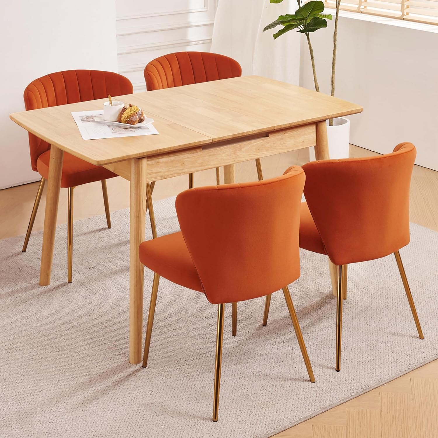 Velvet Dining Chairs Set of 2, Modern Upholstered Vanity Chairs with Golden Metal Legs for Dining Room Kitchen Vanity Patio (Orange)