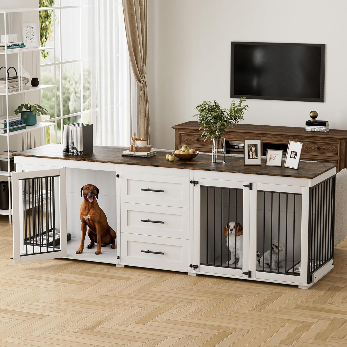 94.5" Large Dog Crate Furniture for 2 Dogs, Double Wooden Dog Kennel Furniture with 4 Dog Bowls & 3 Drawers, Heavy Duty Indoor Furniture Style Dog Cage TV Stand/Table/House, White Brown