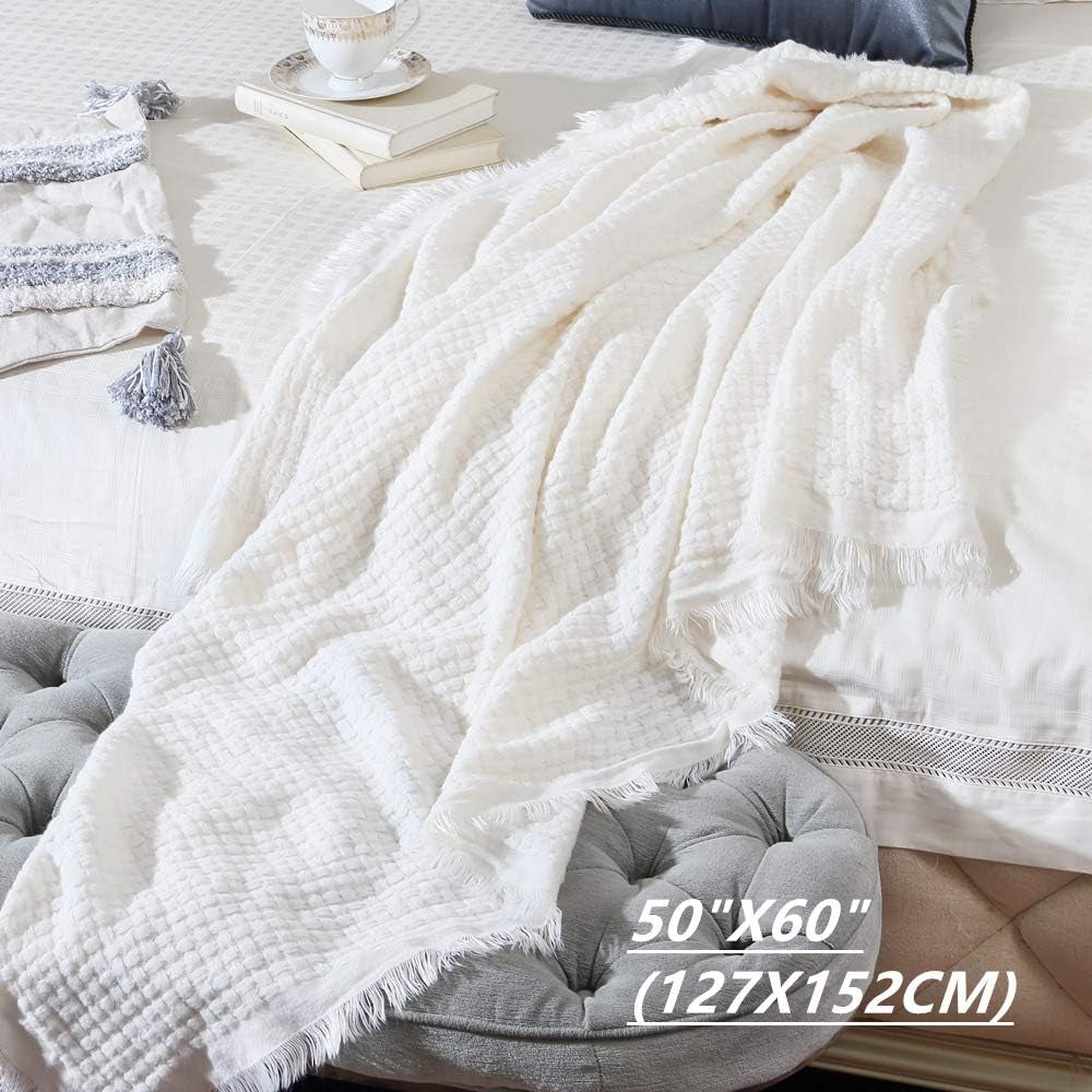 Farmhouse Boho Knitted Throw Blanket for Couch Sofa Chair Bed Home Decoration, Soft Warm Cozy Light Weight for Spring Summer Fall (50''X60'' off White/Ivory/Cream)