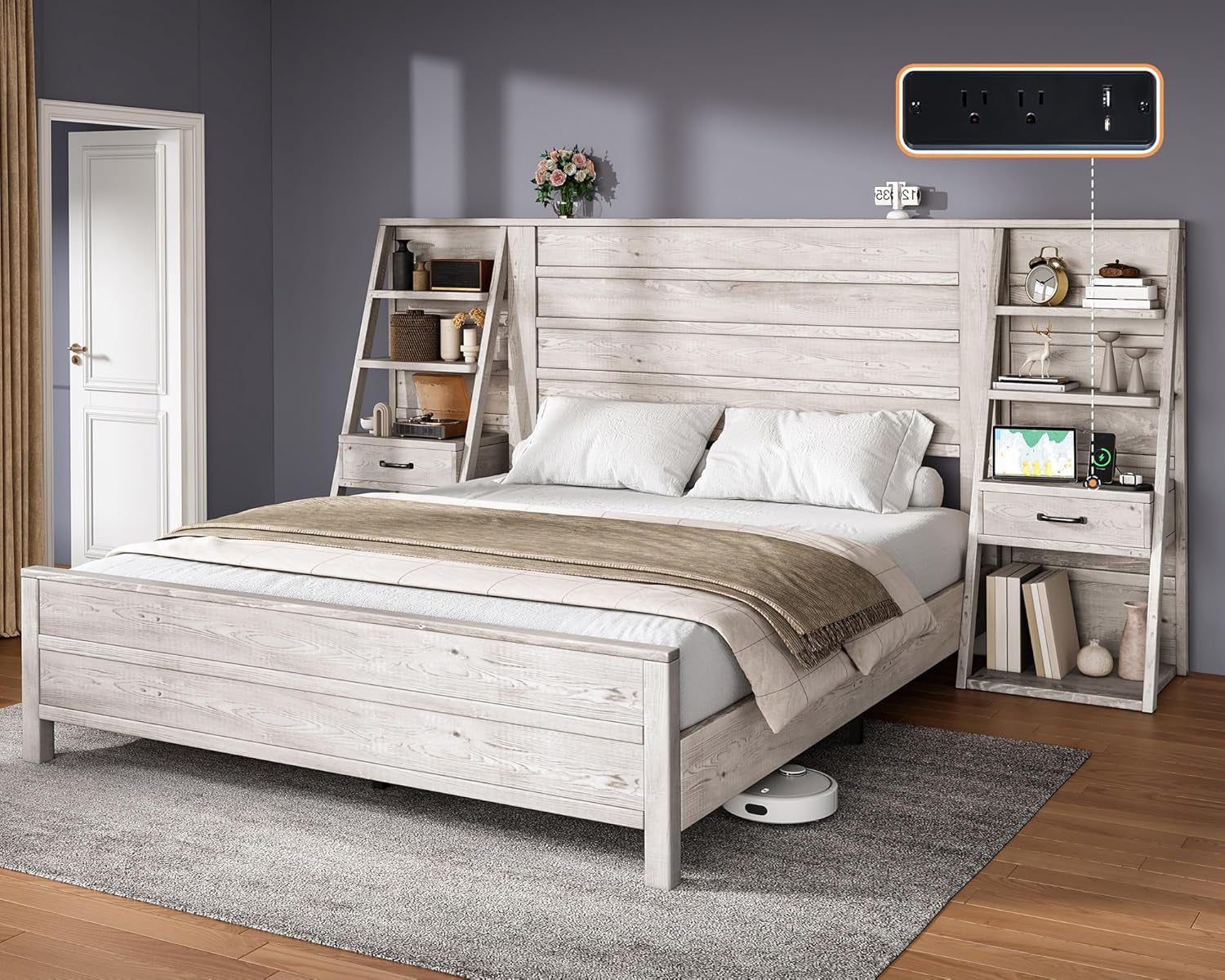 Queen Bed Frame with Bookcase Headboard & 4-Tier Bedside Shelf, Farmhouse Platform Bed with Charging Station and 2 Drawers, Noise-Free, No Box Spring Needed, Rustic White