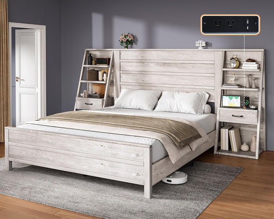 Queen Bed Frame with Bookcase Headboard & 4-Tier Bedside Shelf, Farmhouse Platform Bed with Charging Station and 2 Drawers, Noise-Free, No Box Spring Needed, Rustic White