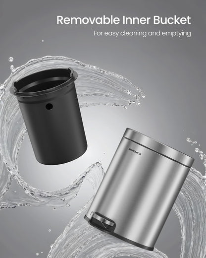 Bathroom Trash Can, 1.6 Gallon (6 L) Small Toilet Garbage Bin with Lid, Soft-Close, Stainless Steel, Pedal, Inner Bucket, Bedroom, Metallic Silver ULTB016EZ01