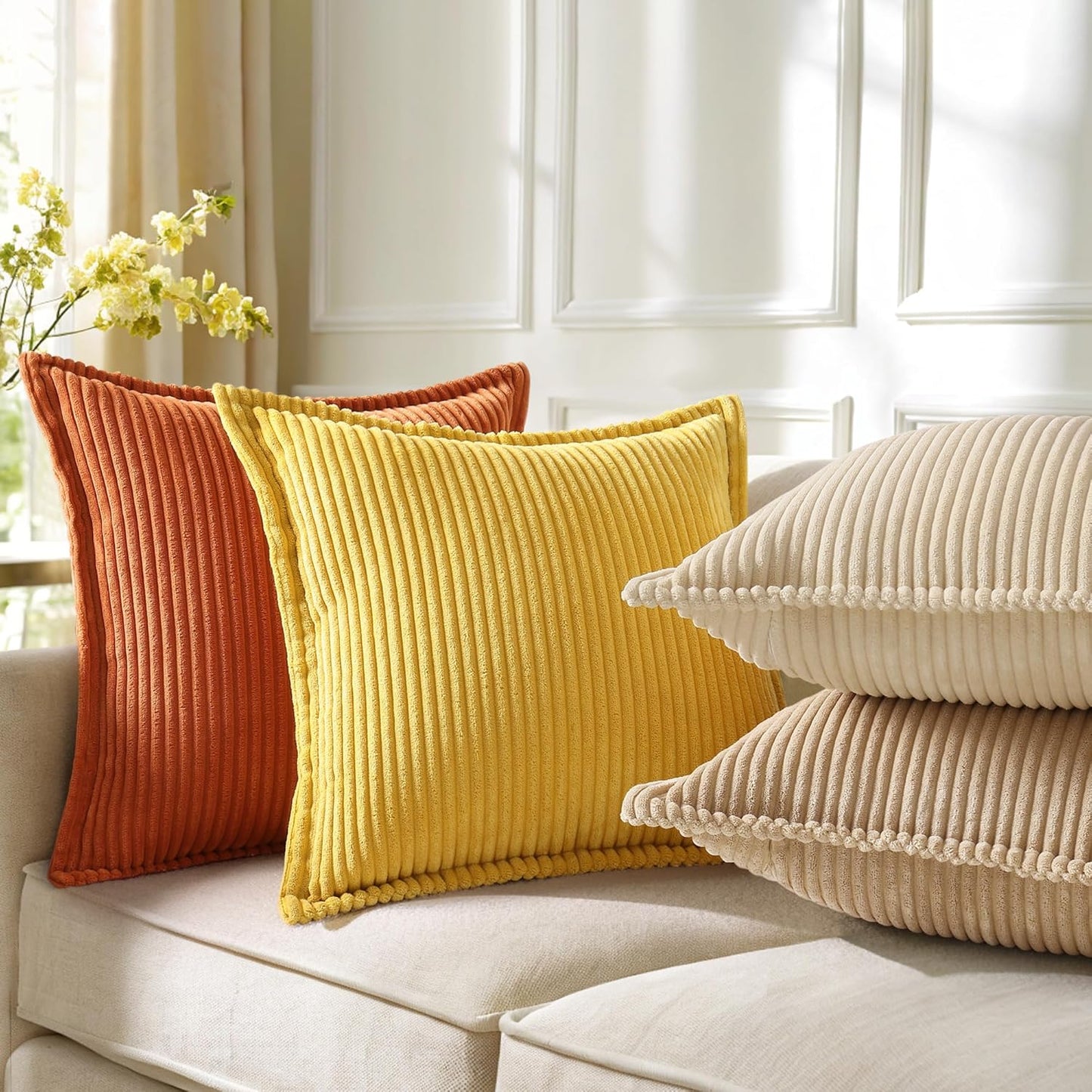 Fall Corduroy Rust Throw Pillow Covers 18X18 Set of 2 Decorative Soft Boho Farmhouse Euro Sham Couch Pillow Covers for Living Room Bed Sofa Broadside Striped Pillow Cases