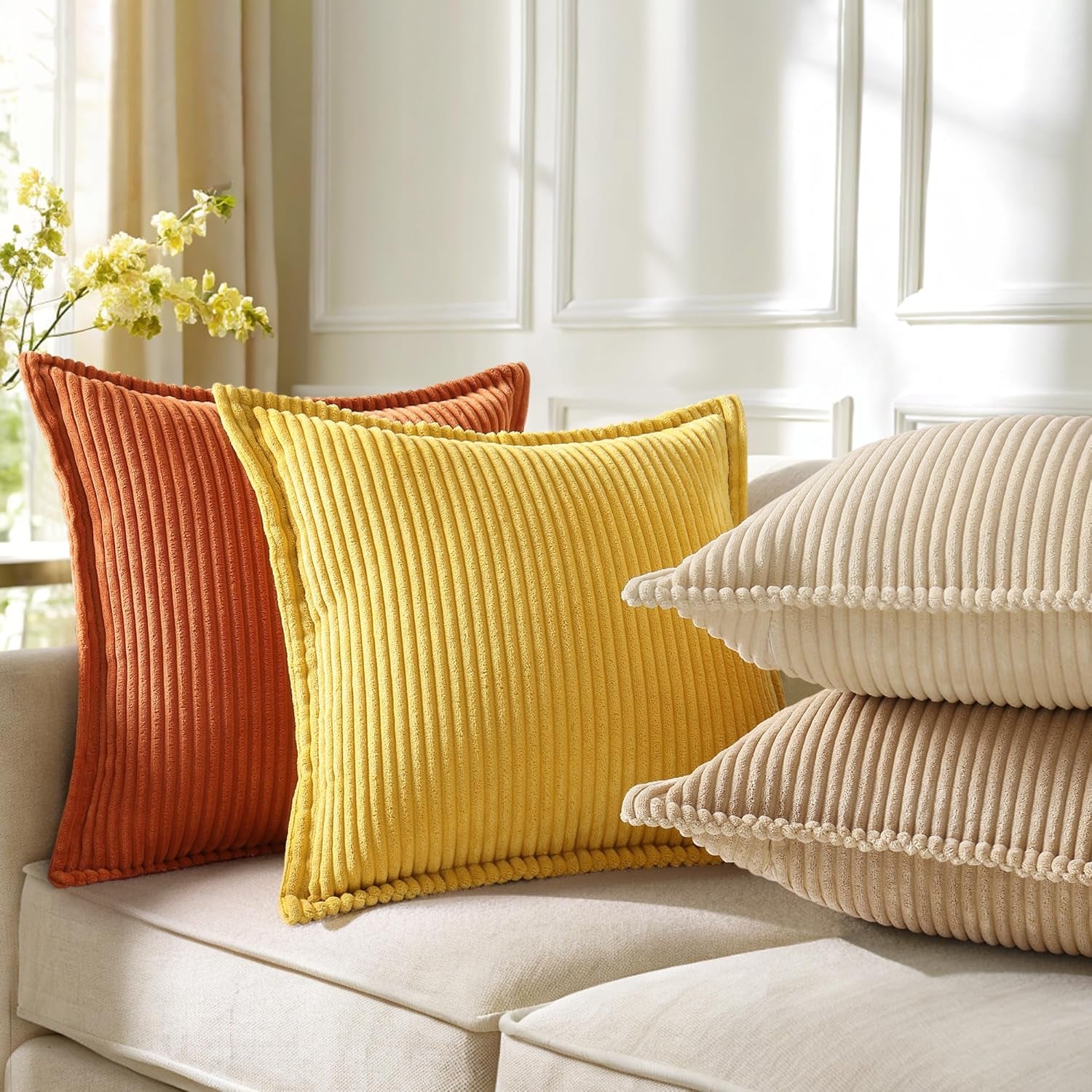 Fall Corduroy Rust Throw Pillow Covers 18X18 Set of 2 Decorative Soft Boho Farmhouse Euro Sham Couch Pillow Covers for Living Room Bed Sofa Broadside Striped Pillow Cases