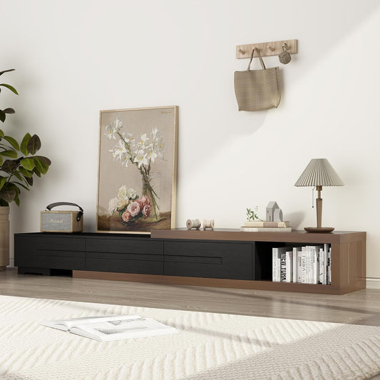 Extendable TV Stand, Modern Entertainment Center for up to 120 Inch TV, Wood Reversible TV Media Console with 3 Drawers for Living Room Bedroom, 82-110"(Black& Walnut)