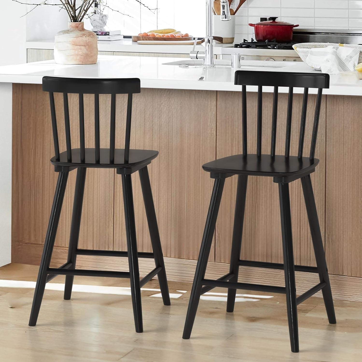 Windsor Wooden Bar Stools Set of 4 for Kitchen Island, Farmhouse 24 Inch Counter Height Stools Chairs with Spindle Back, Black