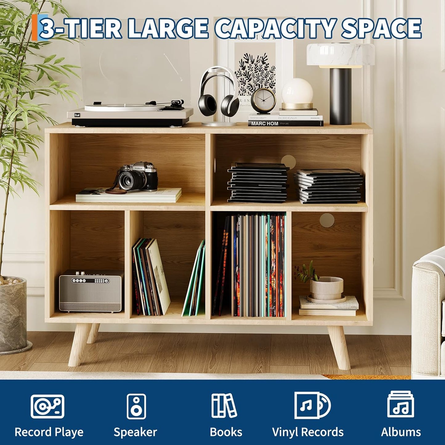 Record Player Stand with Vinyl Storage, 39.5In Large Vinyl Record Holder Player Cabinet Wood Turntable Stand up to 350 Albums with Charging Station for Living Room, Natural