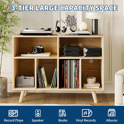 Record Player Stand with Vinyl Storage, 39.5In Large Vinyl Record Holder Player Cabinet Wood Turntable Stand up to 350 Albums with Charging Station for Living Room, Natural