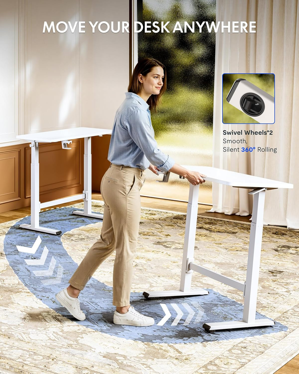 H7 plus Gas Spring Adjustable Standing Desk, Mobile Rolling Sit-Stand Table with Wheels, Cordless Stand up Desk for Small Spaces & Home Office, 32" One-Piece Desktop White,Height 27.6"–45"