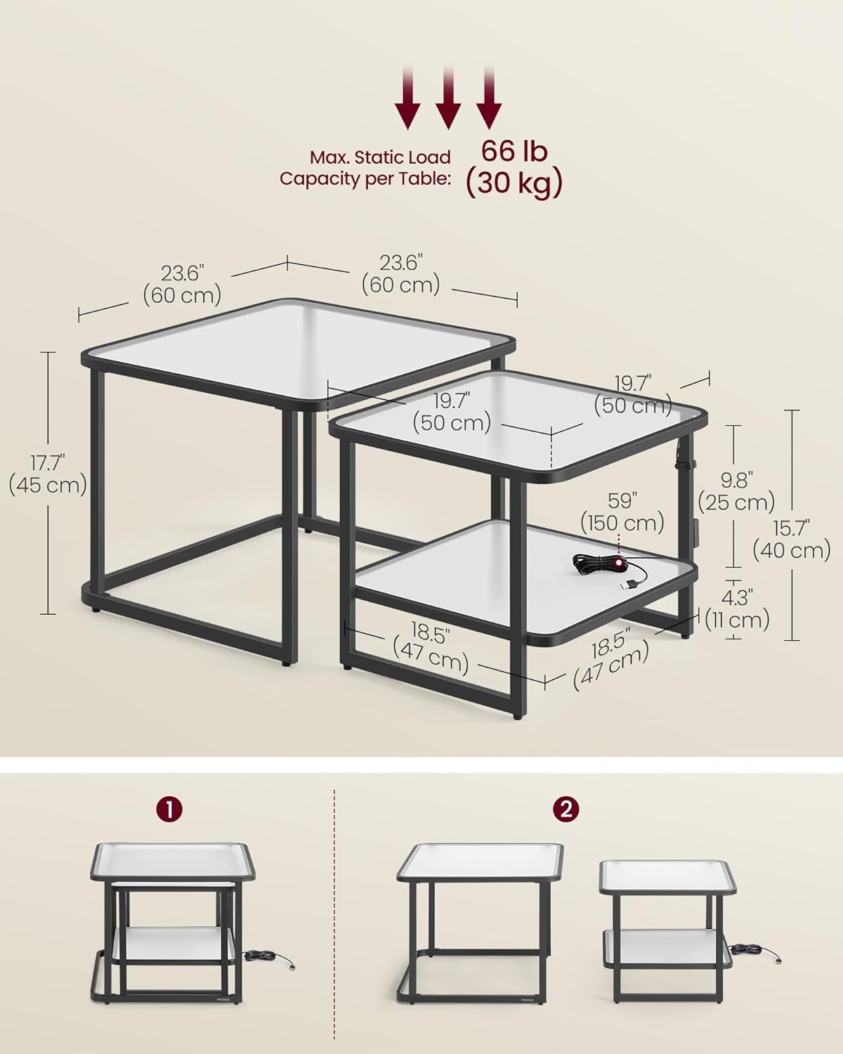 Nesting Tables Set of 2, Frosted Glass Coffee Table with LED Lights, Modern Square Side Tables with Bottom Shelf, for Living Room, Bedroom, Office, Cloud White and Ink Black ULCT246B01