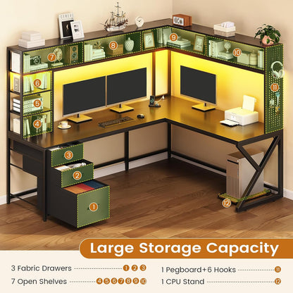 L Shaped Gaming Desk with Storage Shelves and Hutch, Convertible 94.5" Computer Desk with Drawers, Corner Computer Desk with Power Outlet, LED Lights, Pegboard for Home Office, Black